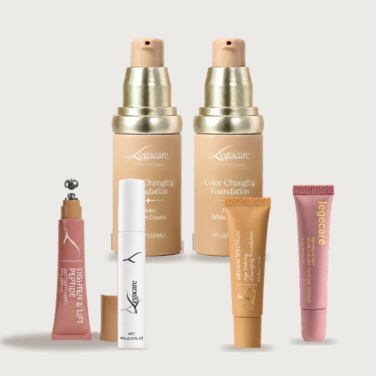 2x Legacare Foundation, Peptide Eye Serum, Tubing Mascara, Mini Foundation and Lip Gloss
